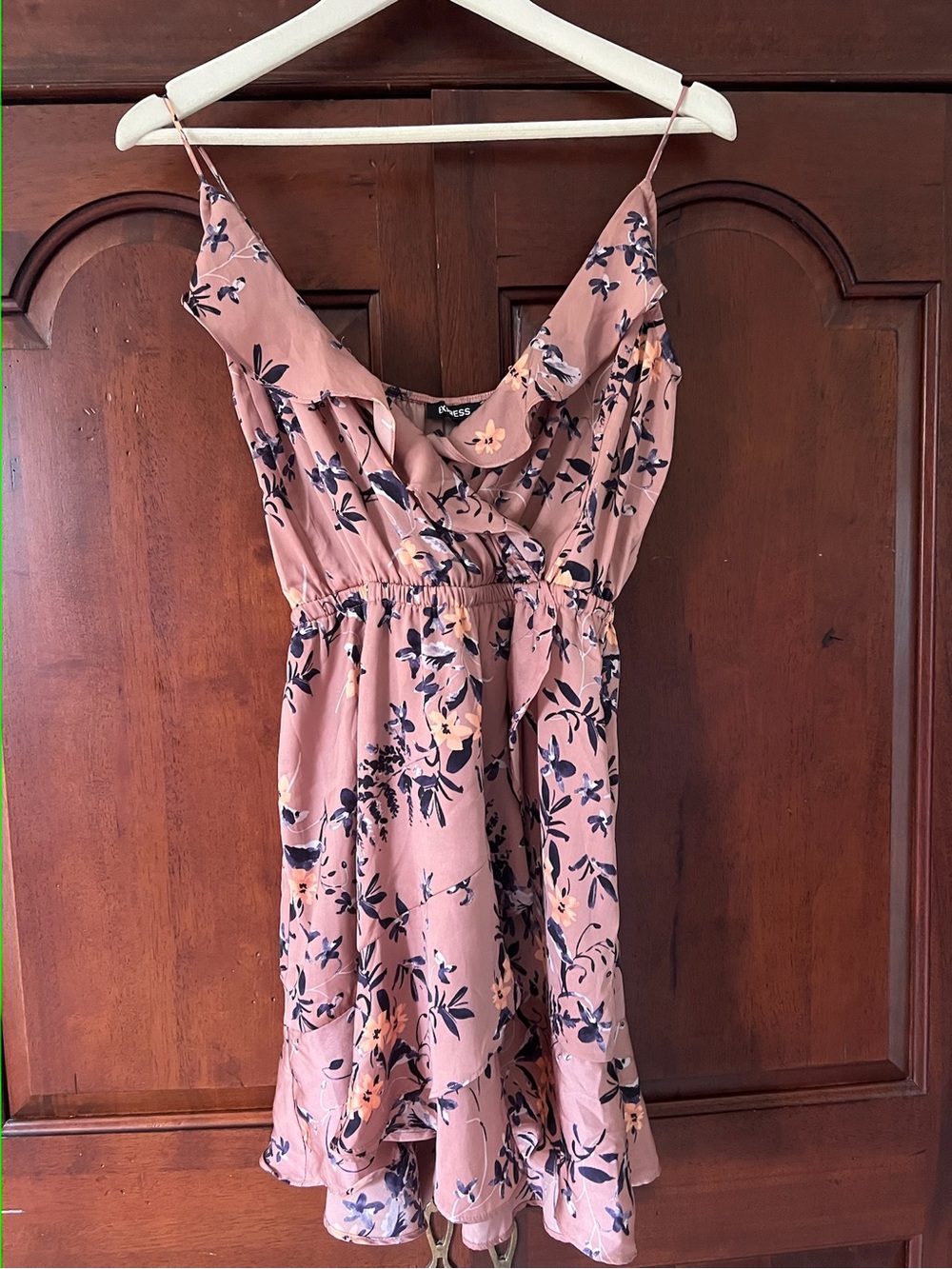 Express Pink Floral Ruffle Dress with Elastic Waistband